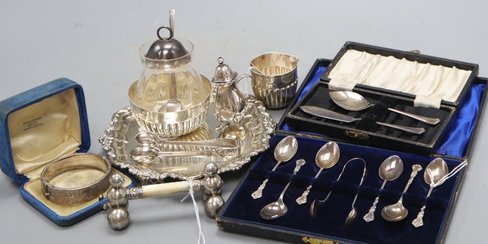 A silver circular waiter and sundry other silver items,